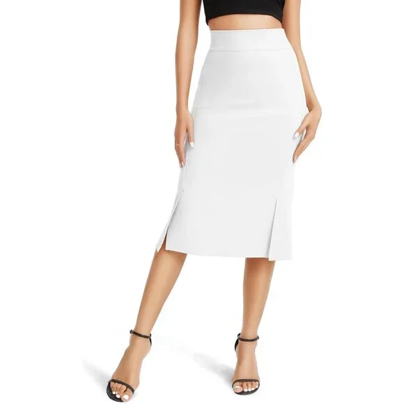 Women's White Stretch Office Fishtail Pencil High Waist Bodycon Slit Midi Skirt - Picture 1 of 6